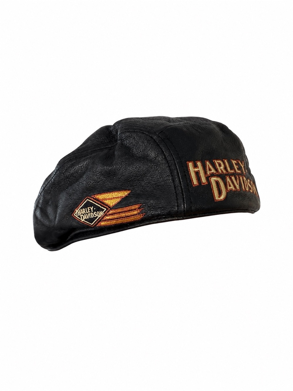 Vintage Harley-Davidson Black Leather Beret Embroidered Biker Hat Unisex - Picture 2 of 14